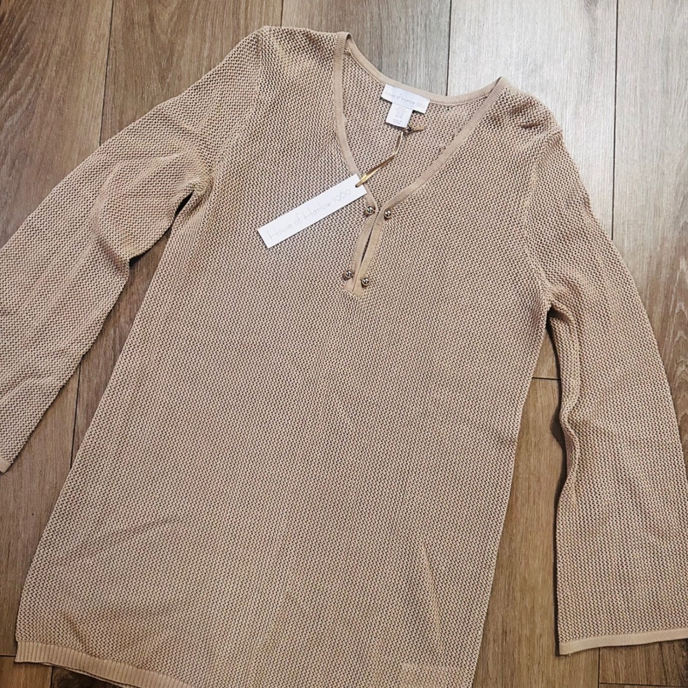 House of Harlow 1960 Tan Open Knit V-Neck Bell Sleeve Sweater Top NWT XS